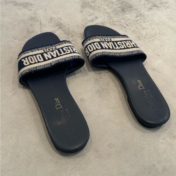 Dior Dway Slide Sandal Deep Blue Embroidered Cotton Logo open toe size 39 - Picture 7 of 13